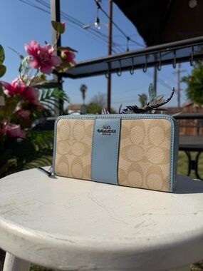 Coach Beige Signature Canvas Wallet with Light Blue Trim